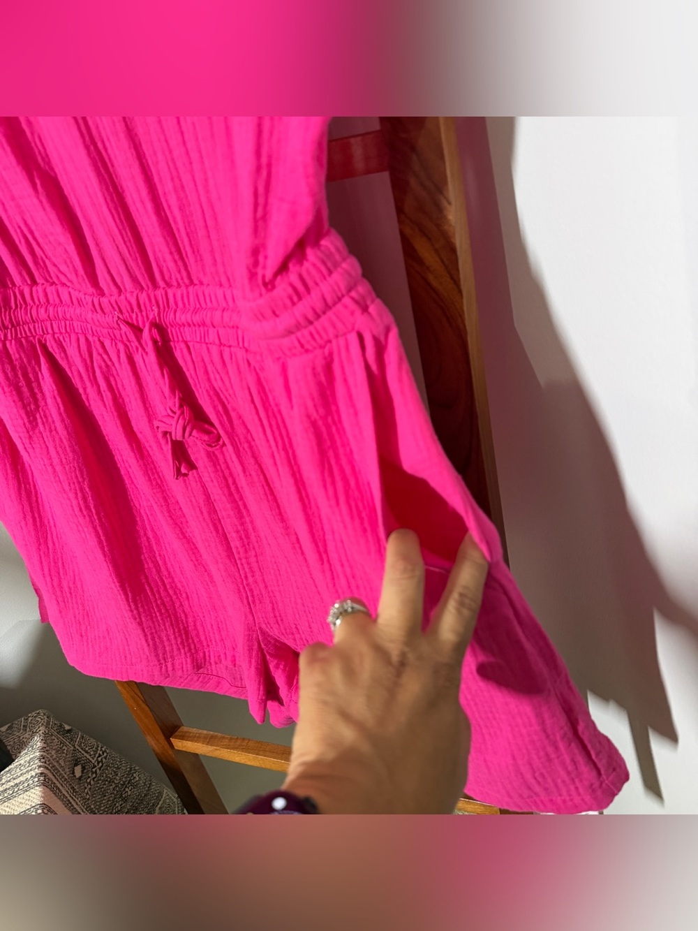Cupshe Hot Pink V-Neck Short Sleeve Romper with Drawstring Waist - Picture 2 of 7